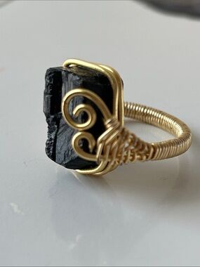 Gold Wire-Wrapped Black tourmaline Stone Statement Ring